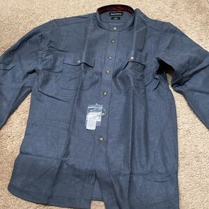Paul Fredrick Grey Cotton Blend Solid Band Collar Overshirt